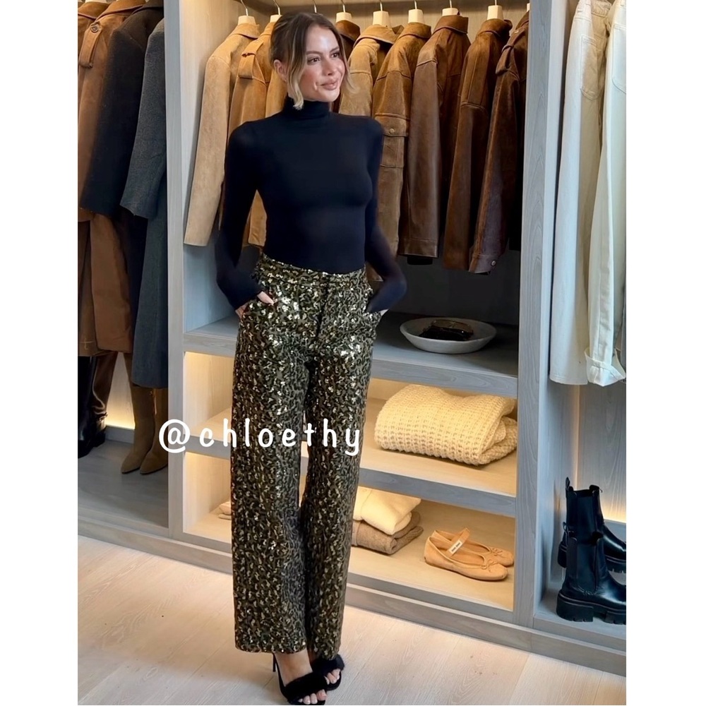 Zara ANIMAL PRINT SEQUIN STRAIGHT LEG PANTS
